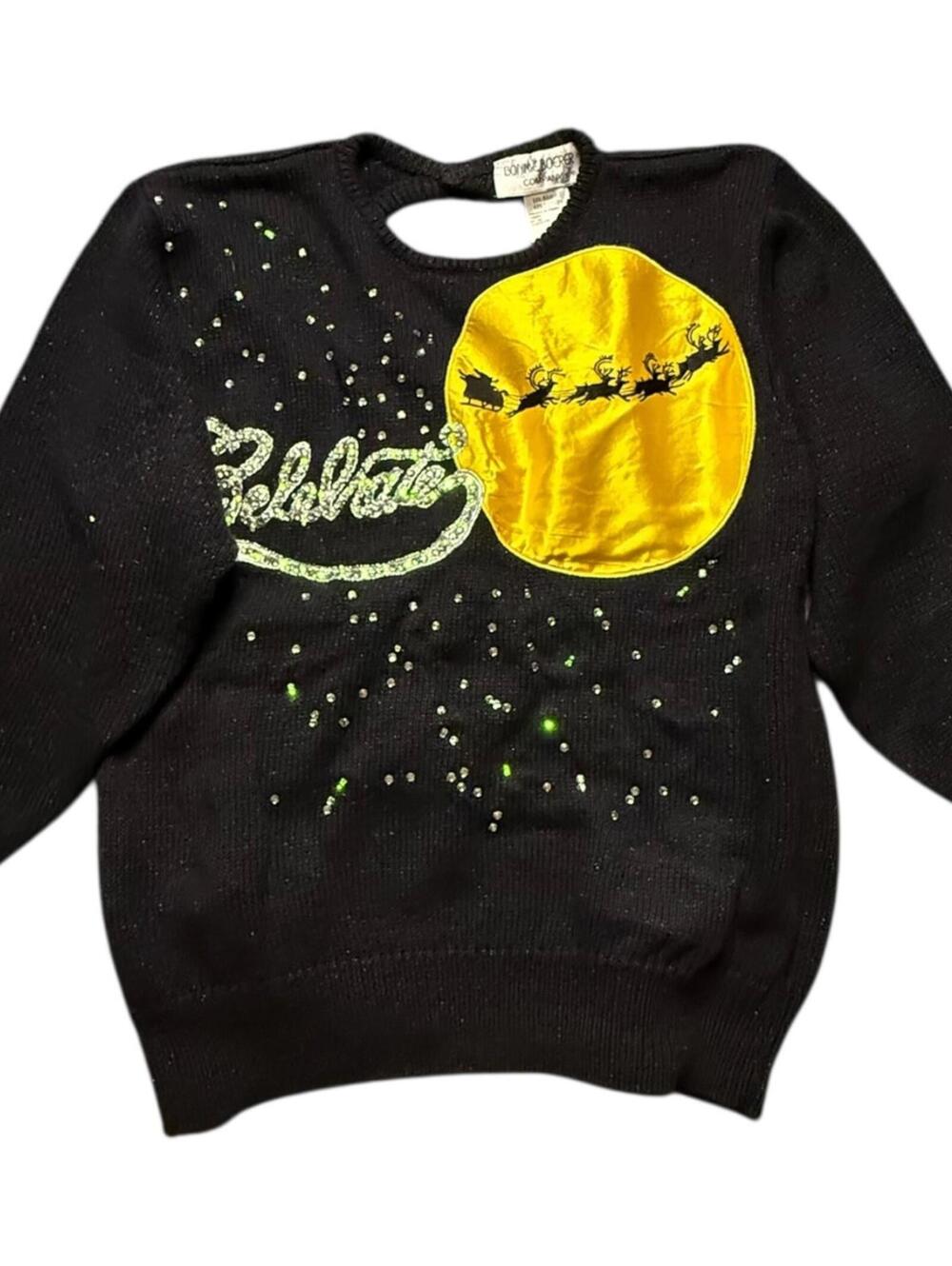 Bonnie Boerer 1980s Celebrate Santa Sleigh Light-Up Musical Sweater Black Small